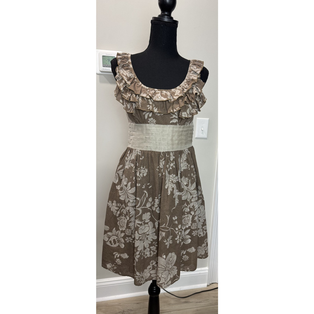 Anthropologie Burlapp Cottagecore Neutral Floral Print Dress Ruffle Scoop Small